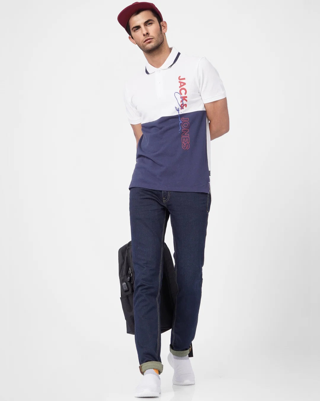 JACK & JONES WHITE COLOUR BLOCKED POLO T-SHIRT
