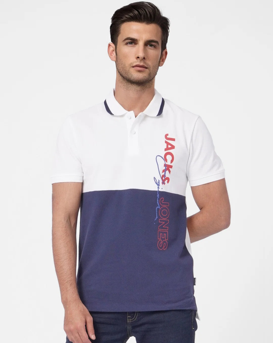 JACK & JONES WHITE COLOUR BLOCKED POLO T-SHIRT