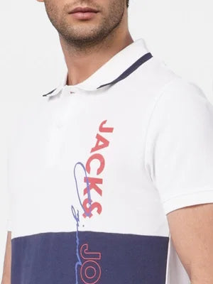 JACK & JONES WHITE COLOUR BLOCKED POLO T-SHIRT