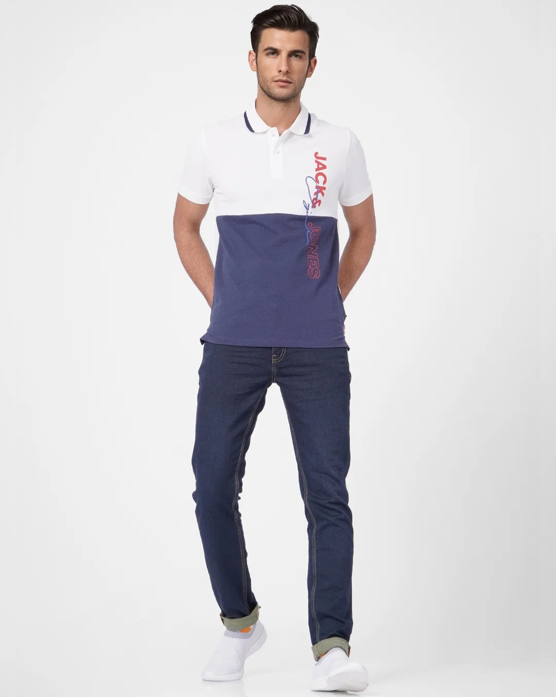 JACK & JONES WHITE COLOUR BLOCKED POLO T-SHIRT