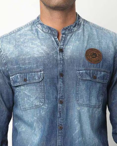 U.S. POLO ASSN. Men Washed Slim Fit Denim Shirt with Mandarin Collar