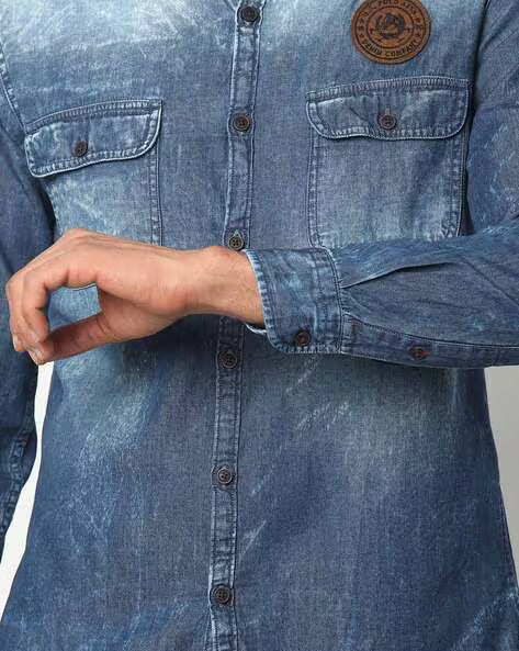 U.S. POLO ASSN. Men Washed Slim Fit Denim Shirt with Mandarin Collar