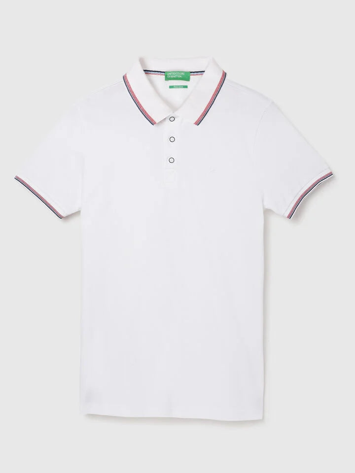 United Colors of Benetton White REGULAR FIT POLO NECK SOLID PATTERN T-SHIRT