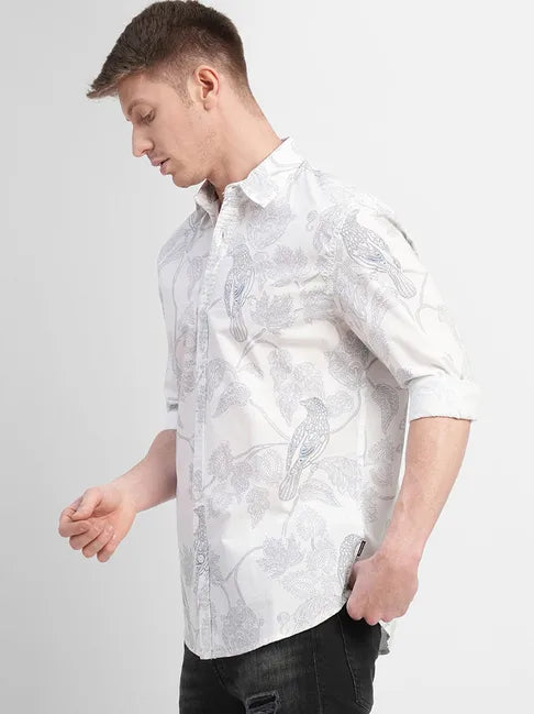 Jack & Jones Snow White Cotton Regular Fit Printed Shirt