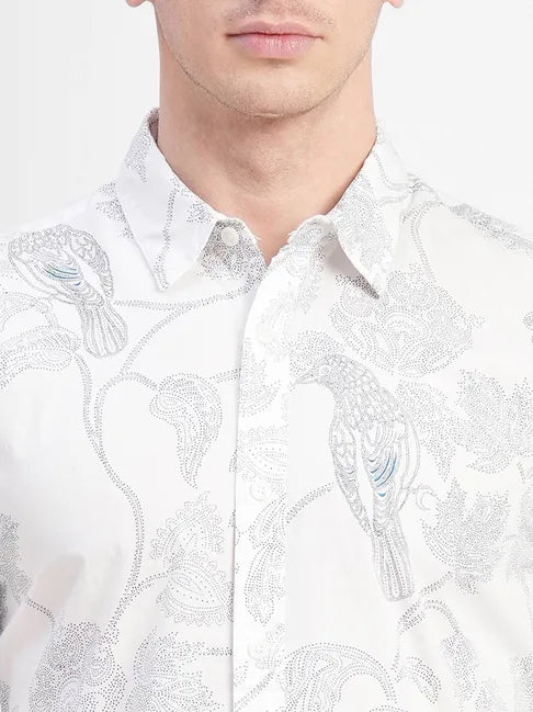 Jack & Jones Snow White Cotton Regular Fit Printed Shirt