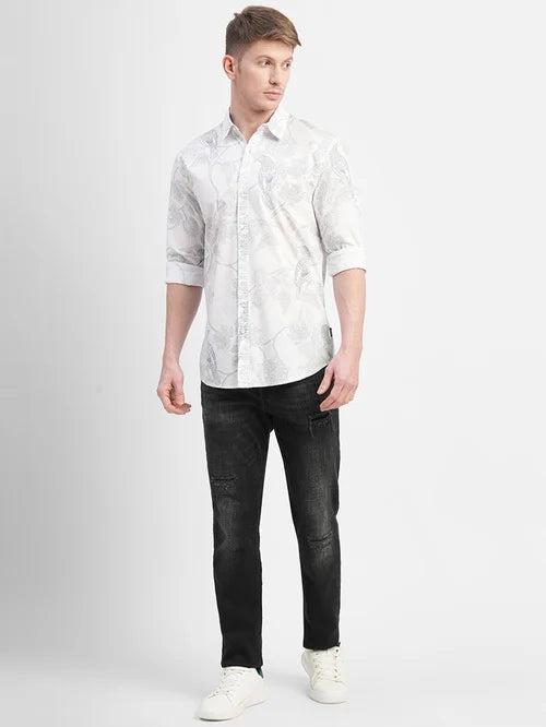 Jack & Jones Snow White Cotton Regular Fit Printed Shirt