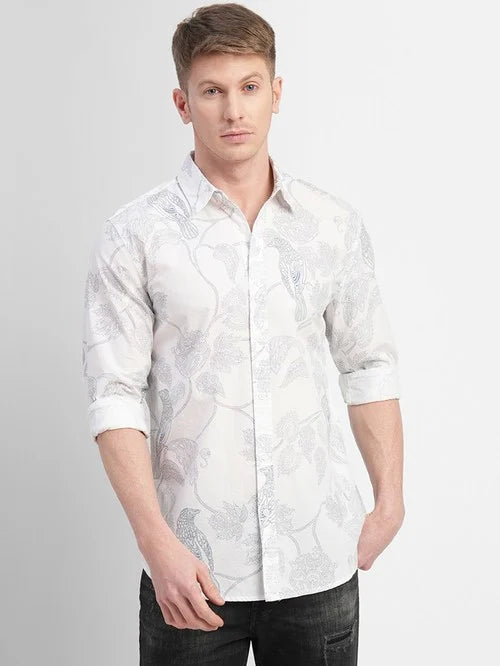 Jack & Jones Snow White Cotton Regular Fit Printed Shirt