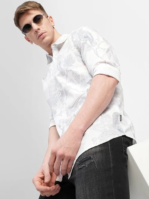 Jack & Jones Snow White Cotton Regular Fit Printed Shirt