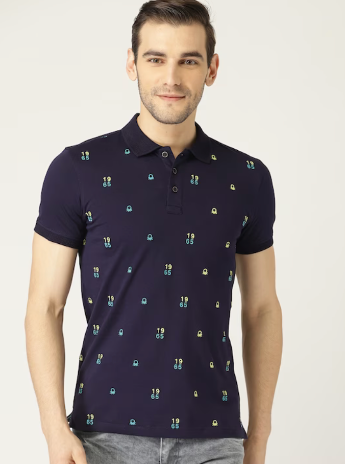 United Colors of Benetton Men Navy Blue Embroidered Polo Collar T-shirt