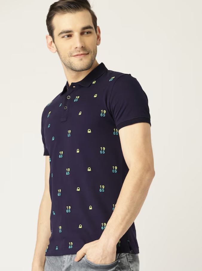 United Colors of Benetton Men Navy Blue Embroidered Polo Collar T-shirt