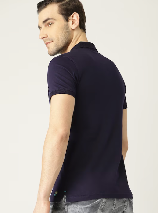 United Colors of Benetton Men Navy Blue Embroidered Polo Collar T-shirt