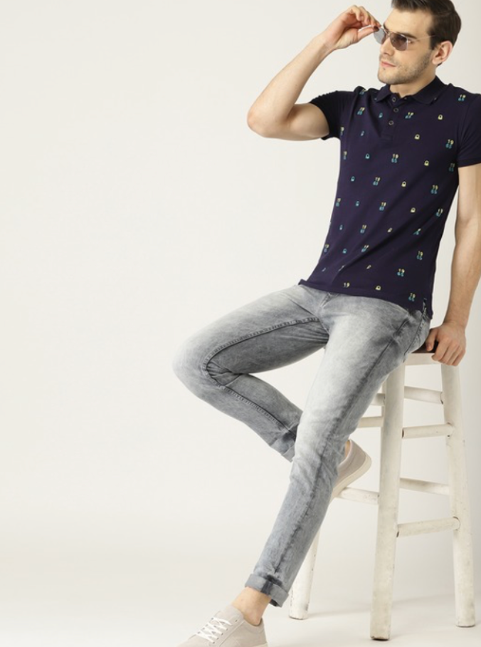 United Colors of Benetton Men Navy Blue Embroidered Polo Collar T-shirt