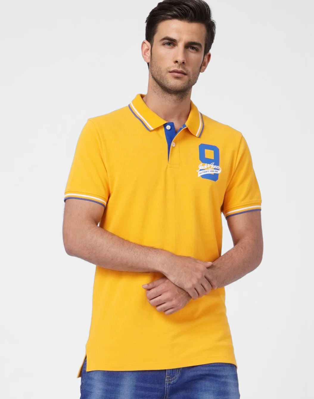 JACK & JONES YELLOW CONTRAST TIPPING POLO T-SHIRT