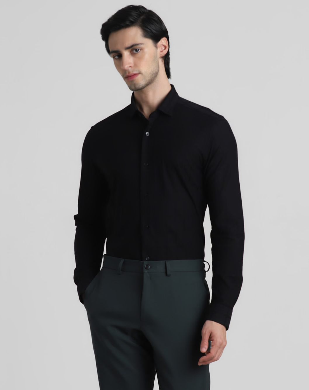 JACK&JONES BLACK KNIT DOBBY FULL SLEEVES SHIRT
