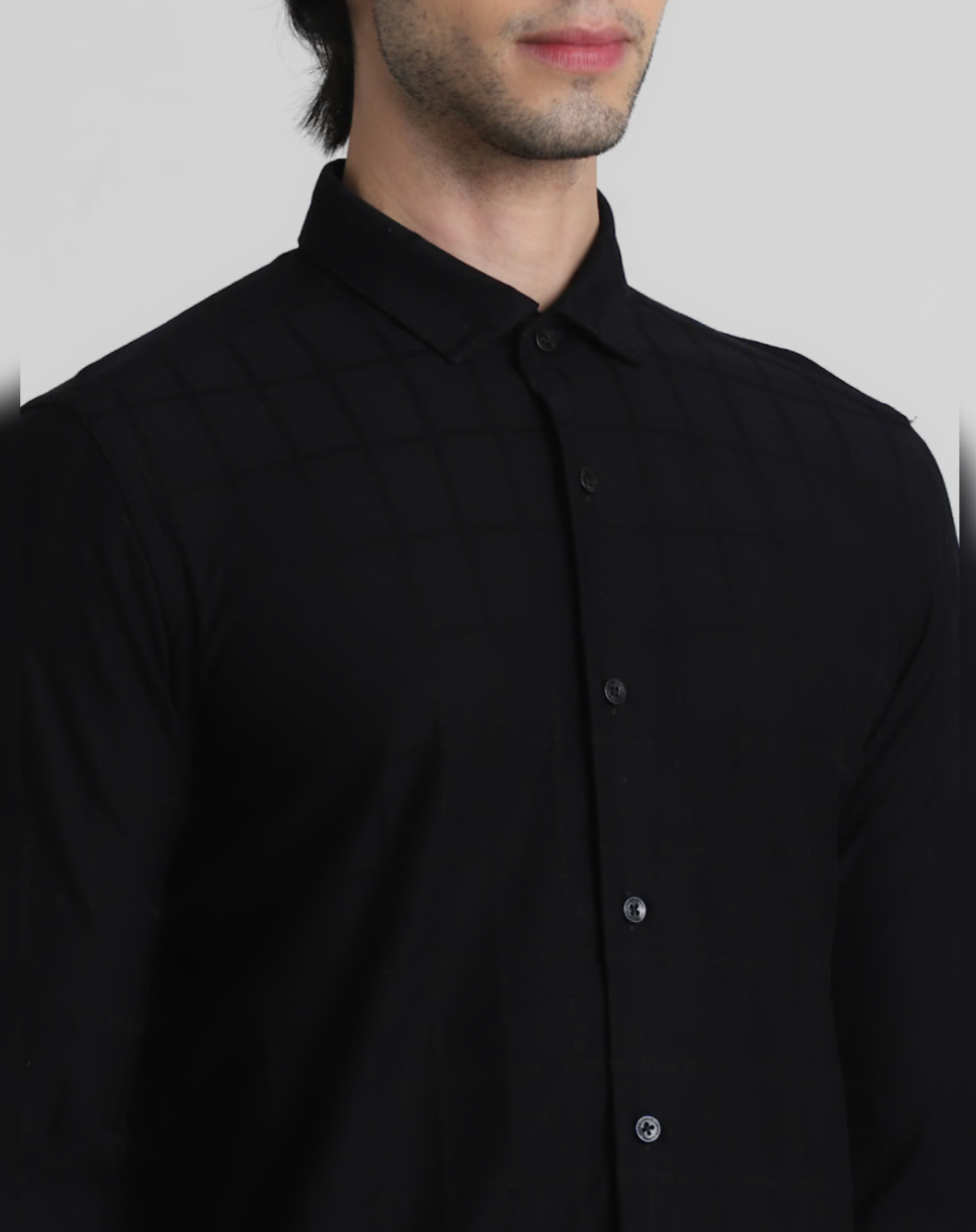 JACK&JONES BLACK KNIT DOBBY FULL SLEEVES SHIRT