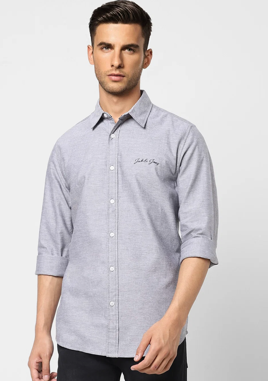 JACK and Jones GREY LOGO PRINT FULL SLEEVES SHIRT