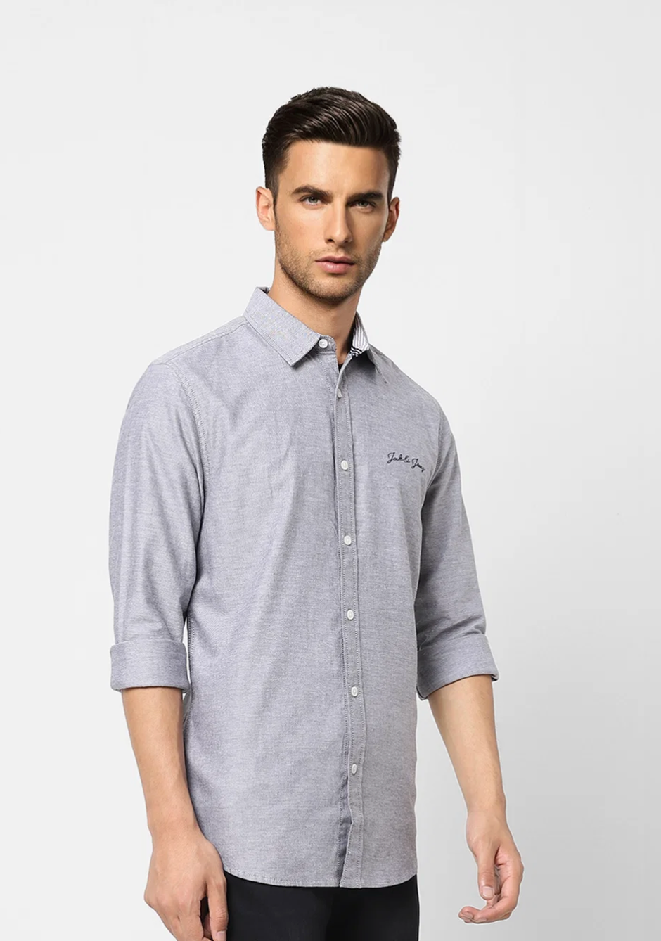 JACK and Jones GREY LOGO PRINT FULL SLEEVES SHIRT