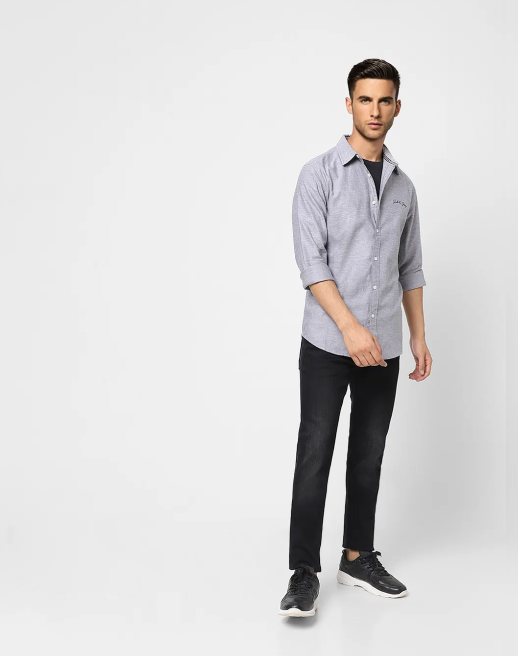 JACK and Jones GREY LOGO PRINT FULL SLEEVES SHIRT