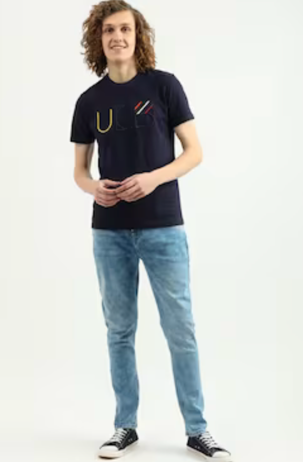 UCB Light Blue Solid Ankle-Length Mid Rise Casual Men Carrot Fit Jeans