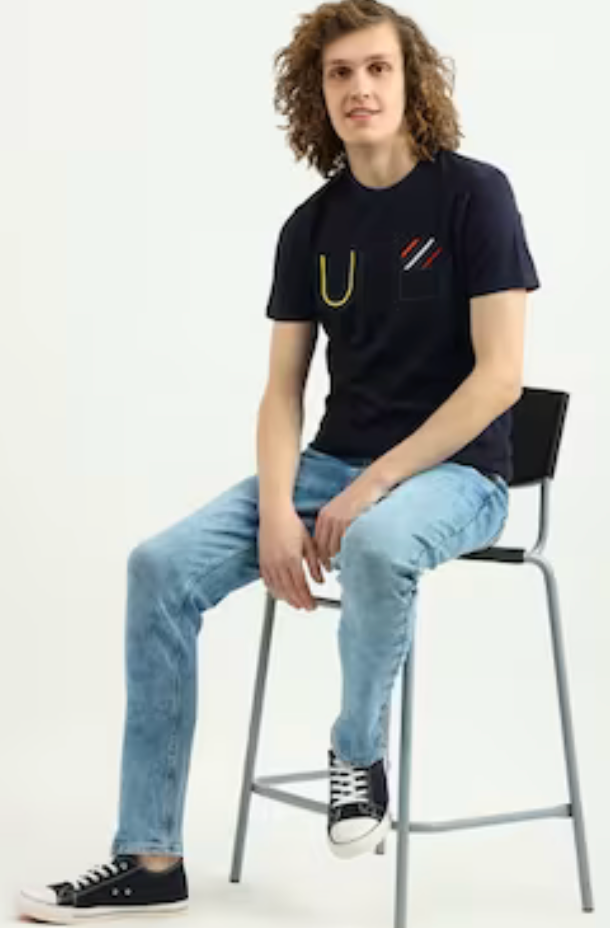 UCB Light Blue Solid Ankle-Length Mid Rise Casual Men Carrot Fit Jeans