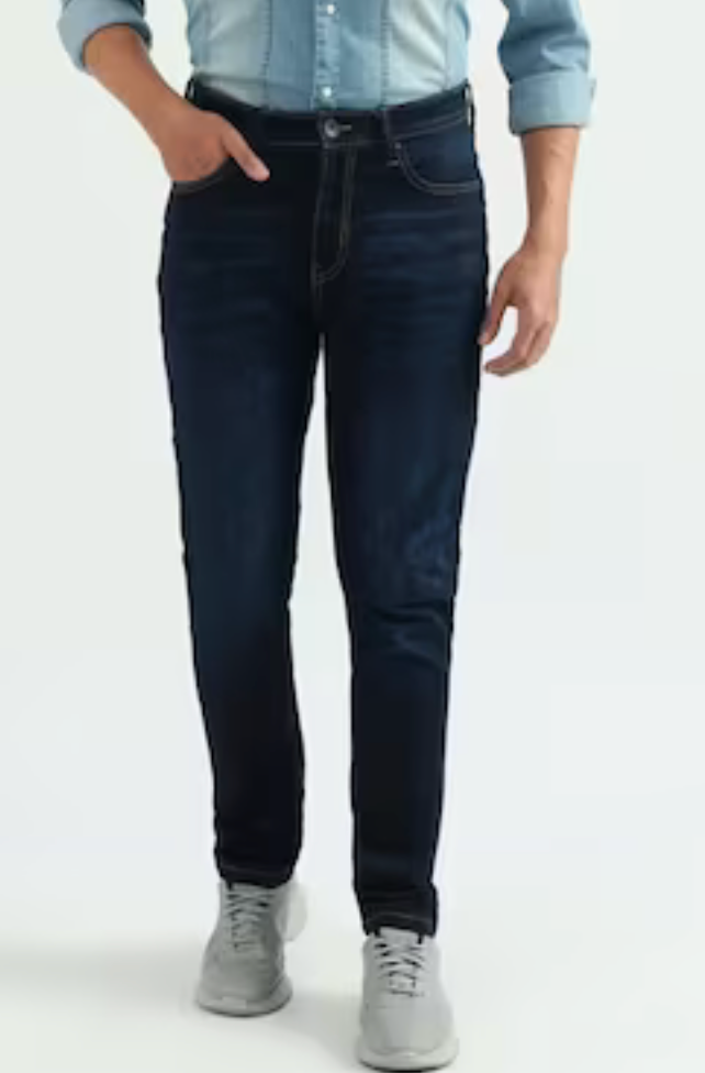 UCB Navy Solid Full Length Mid Rise Casual Men Carrot Fit Jeans