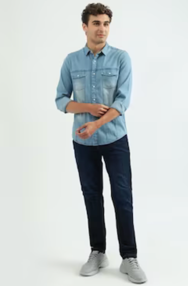 UCB Navy Solid Full Length Mid Rise Casual Men Carrot Fit Jeans
