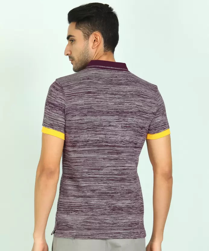 United Colors of Benetton Men Self Design Polo Neck Pure Cotton Purple, Grey T-Shirt