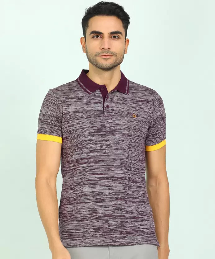 United Colors of Benetton Men Self Design Polo Neck Pure Cotton Purple, Grey T-Shirt