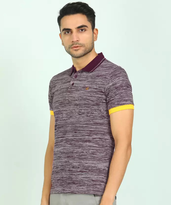 United Colors of Benetton Men Self Design Polo Neck Pure Cotton Purple, Grey T-Shirt