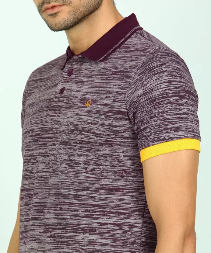 United Colors of Benetton Men Self Design Polo Neck Pure Cotton Purple, Grey T-Shirt
