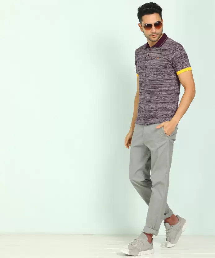 United Colors of Benetton Men Self Design Polo Neck Pure Cotton Purple, Grey T-Shirt