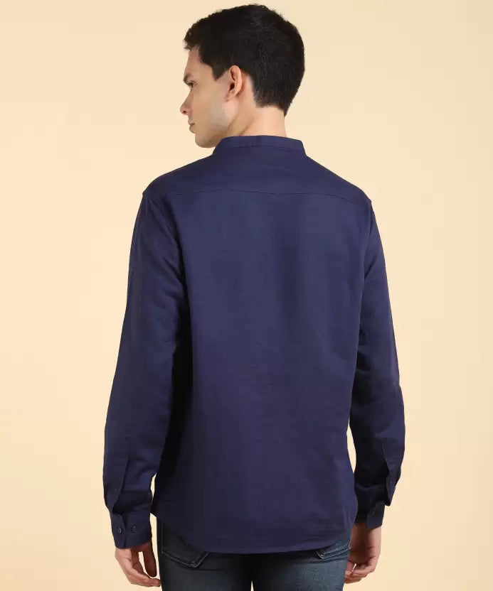 United Colors of Benetton Men Solid Cotton Linen A-line Kurta (Dark Blue)