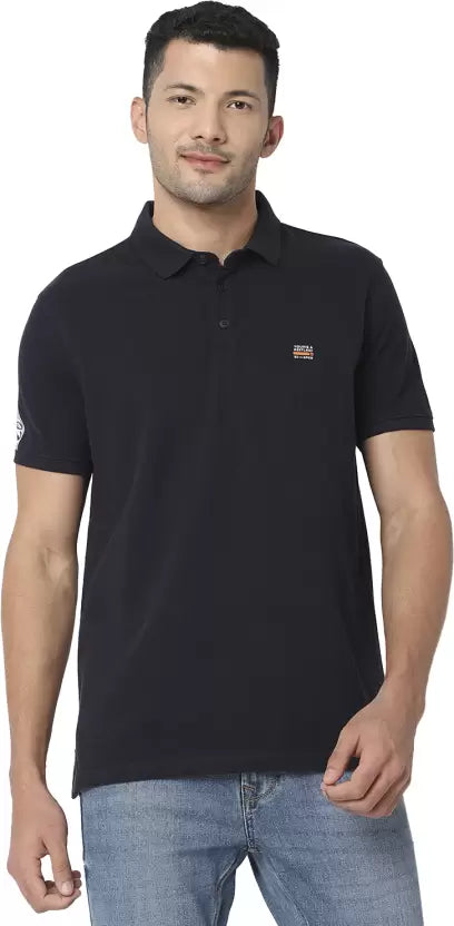 Spykar Men Solid Polo Neck Cotton Blend White T-Shirt