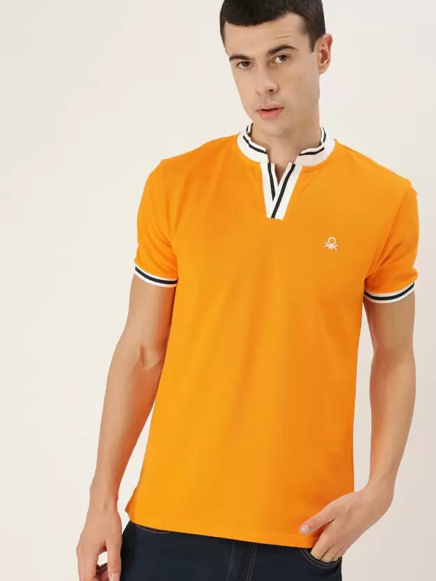 United Colors of Benetton Men Solid Polo Neck Pure Cotton Orange T-Shirt