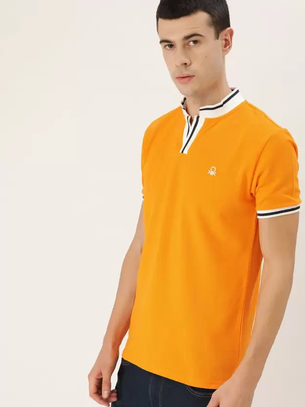 United Colors of Benetton Men Solid Polo Neck Pure Cotton Orange T-Shirt