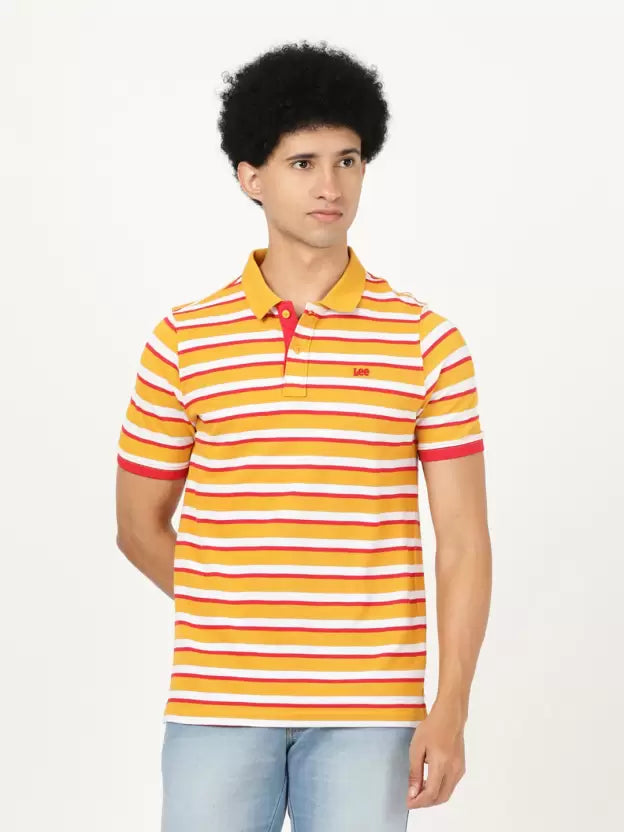 LEE Men Striped Polo Neck Pure Cotton Yellow T-Shirt