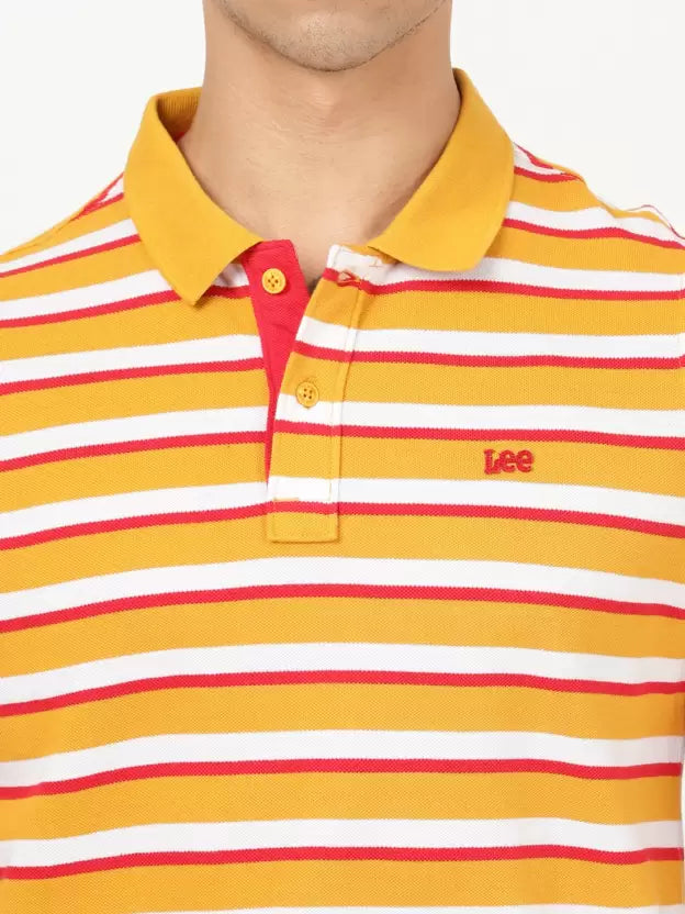 LEE Men Striped Polo Neck Pure Cotton Yellow T-Shirt