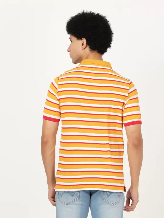 LEE Men Striped Polo Neck Pure Cotton Yellow T-Shirt