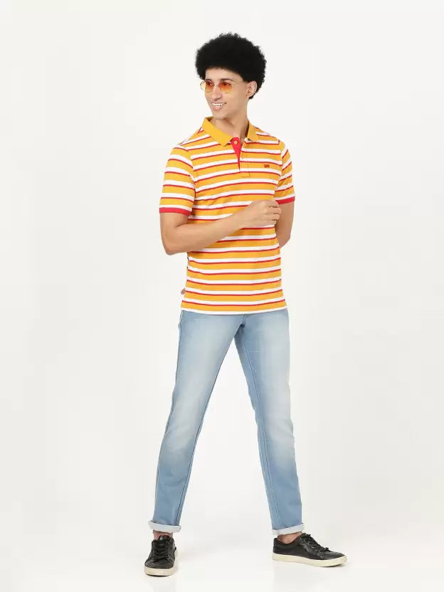 LEE Men Striped Polo Neck Pure Cotton Yellow T-Shirt