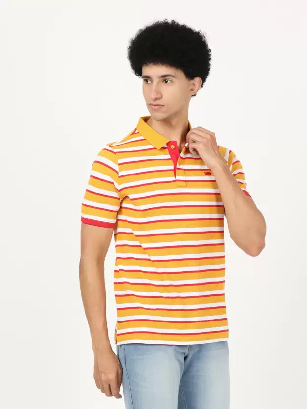 LEE Men Striped Polo Neck Pure Cotton Yellow T-Shirt