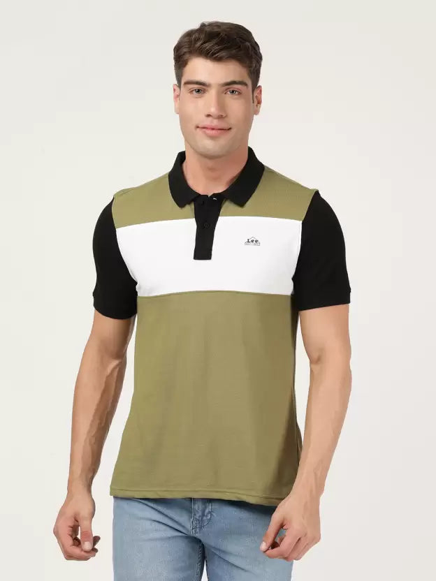 LEE Men Colorblock Polo Neck Pure Cotton Multicolor T-Shirt