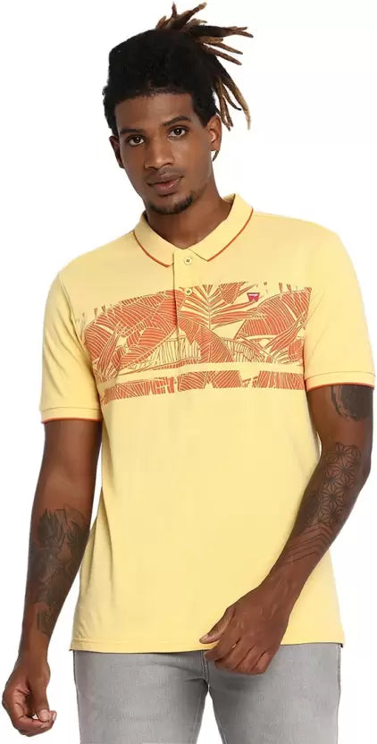 Wrangler Men Printed Polo Neck Pure Cotton Yellow T-Shirt