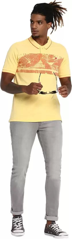 Wrangler Men Printed Polo Neck Pure Cotton Yellow T-Shirt