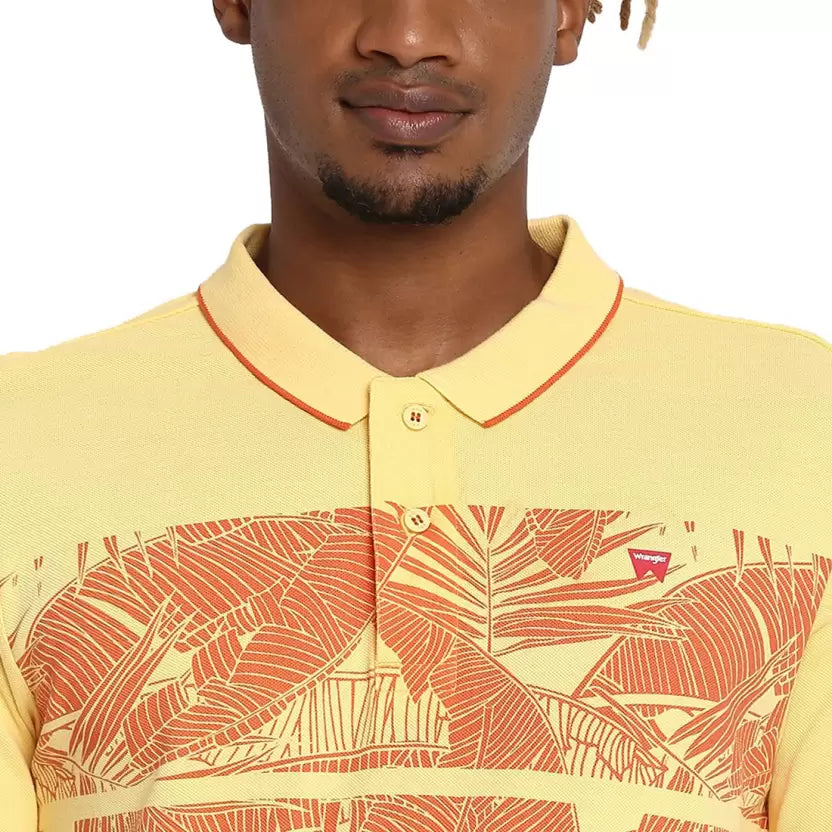 Wrangler Men Printed Polo Neck Pure Cotton Yellow T-Shirt