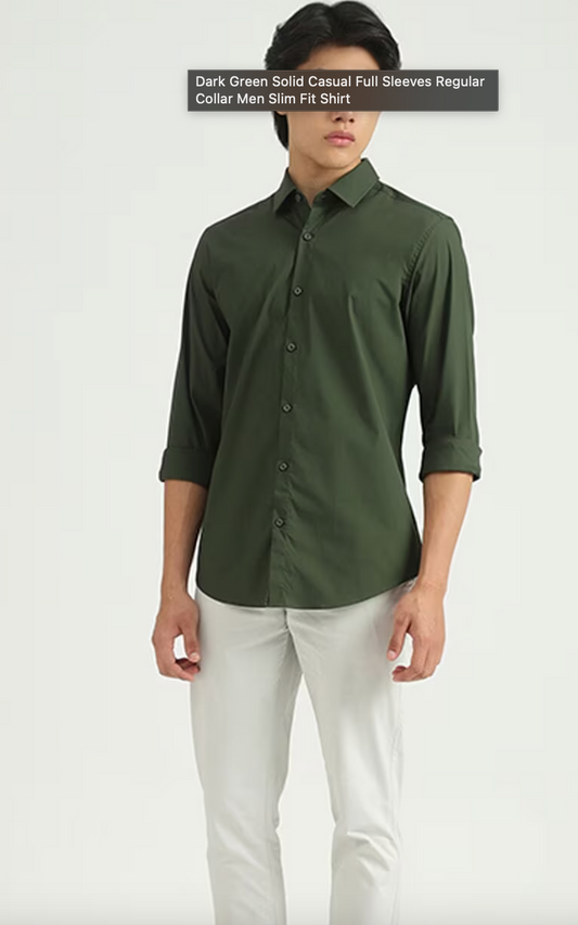 UCB Dark Green Solid Casual Full Sleeves Regular Collar Men Slim Fit Shirt