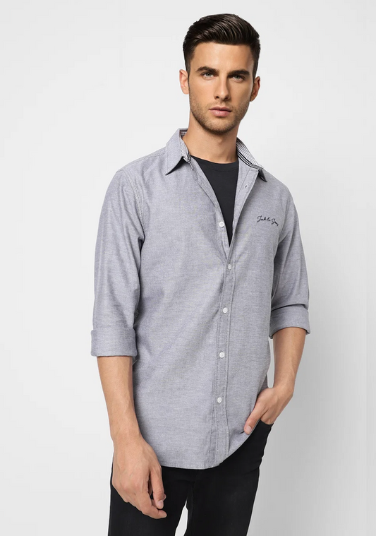 JACK and Jones GREY LOGO PRINT FULL SLEEVES SHIRT