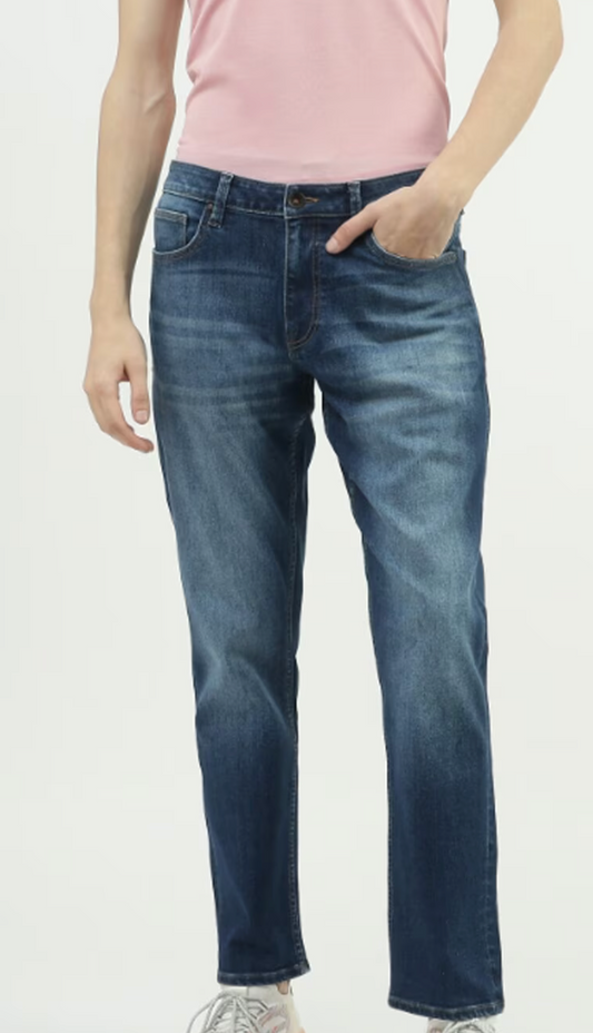 UCB Medium Blue Solid Ankle-Length Mid Rise Casual Men Slim Fit Jeans