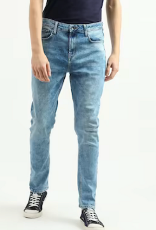 UCB Light Blue Solid Ankle-Length Mid Rise Casual Men Carrot Fit Jeans