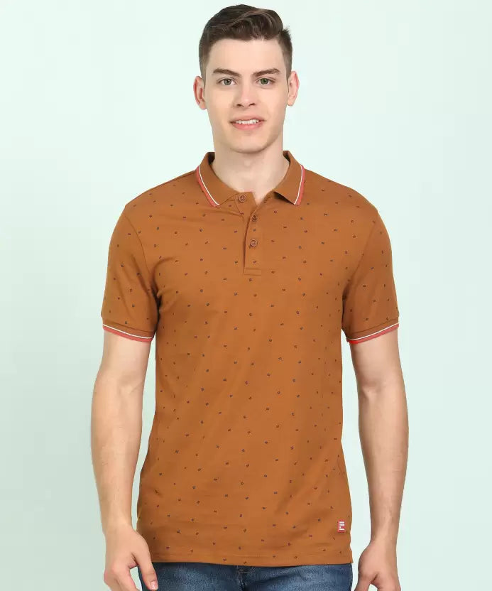 United Colors of Benetton Men Printed Polo Neck Pure Cotton Brown T-Shirt