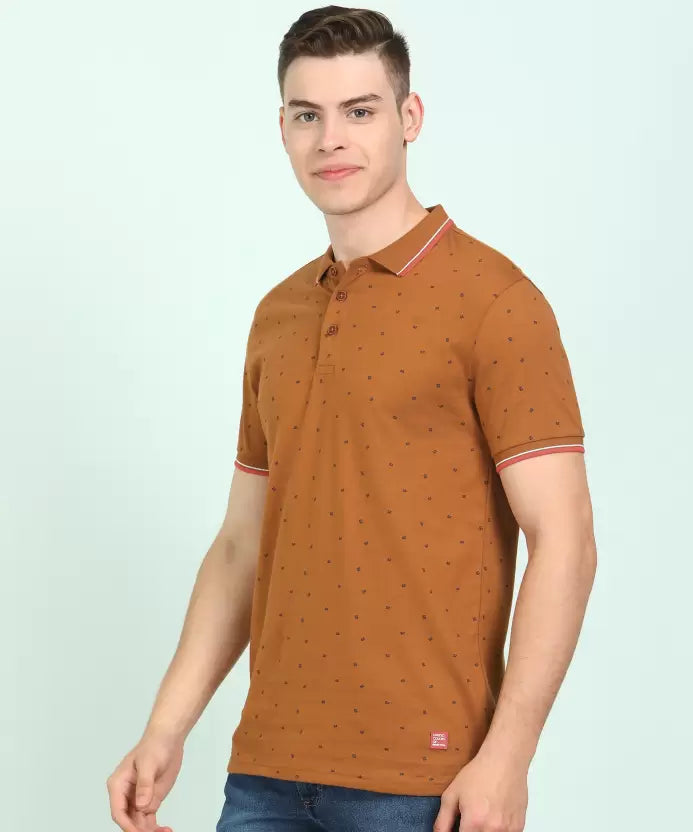 United Colors of Benetton Men Printed Polo Neck Pure Cotton Brown T-Shirt
